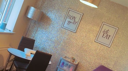Glittery nail station at K & A Nails and Beauty, Hednesford, England, GB.