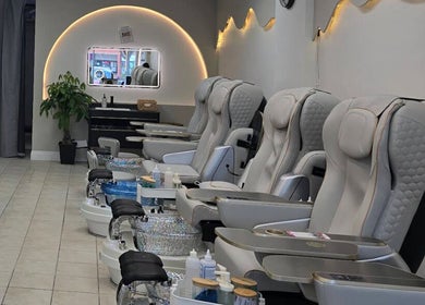 Luxury pedicure chairs at Bloomie Nails and Spa in Toronto, Ontario, CA offering comfort and relaxation.