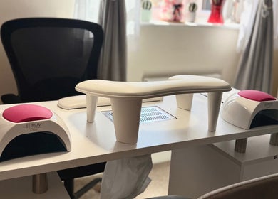 Modern nail setup at Auric Alchemy Nails in Northampton, England, GB featuring dual LED lamps.
