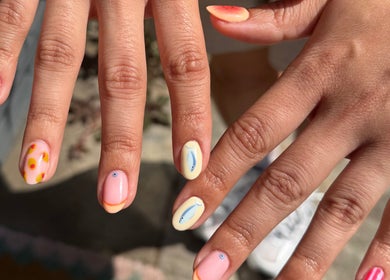 Close-up of colorful artistic nail designs at Moda, Edinburgh, Scotland, GB.
