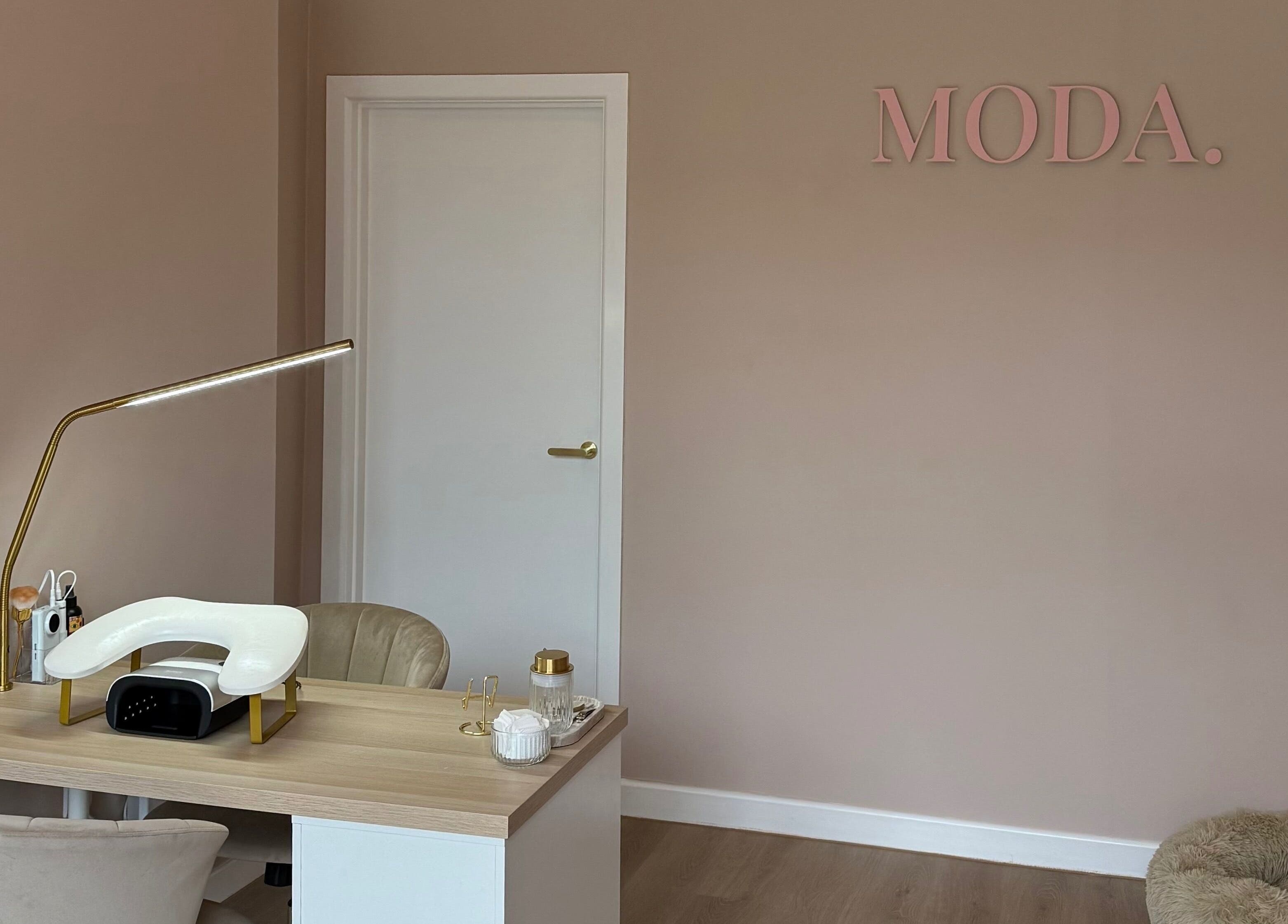 Chic nail salon workspace at Moda, Edinburgh, Scotland, GB with stylish decor and comfortable seating.