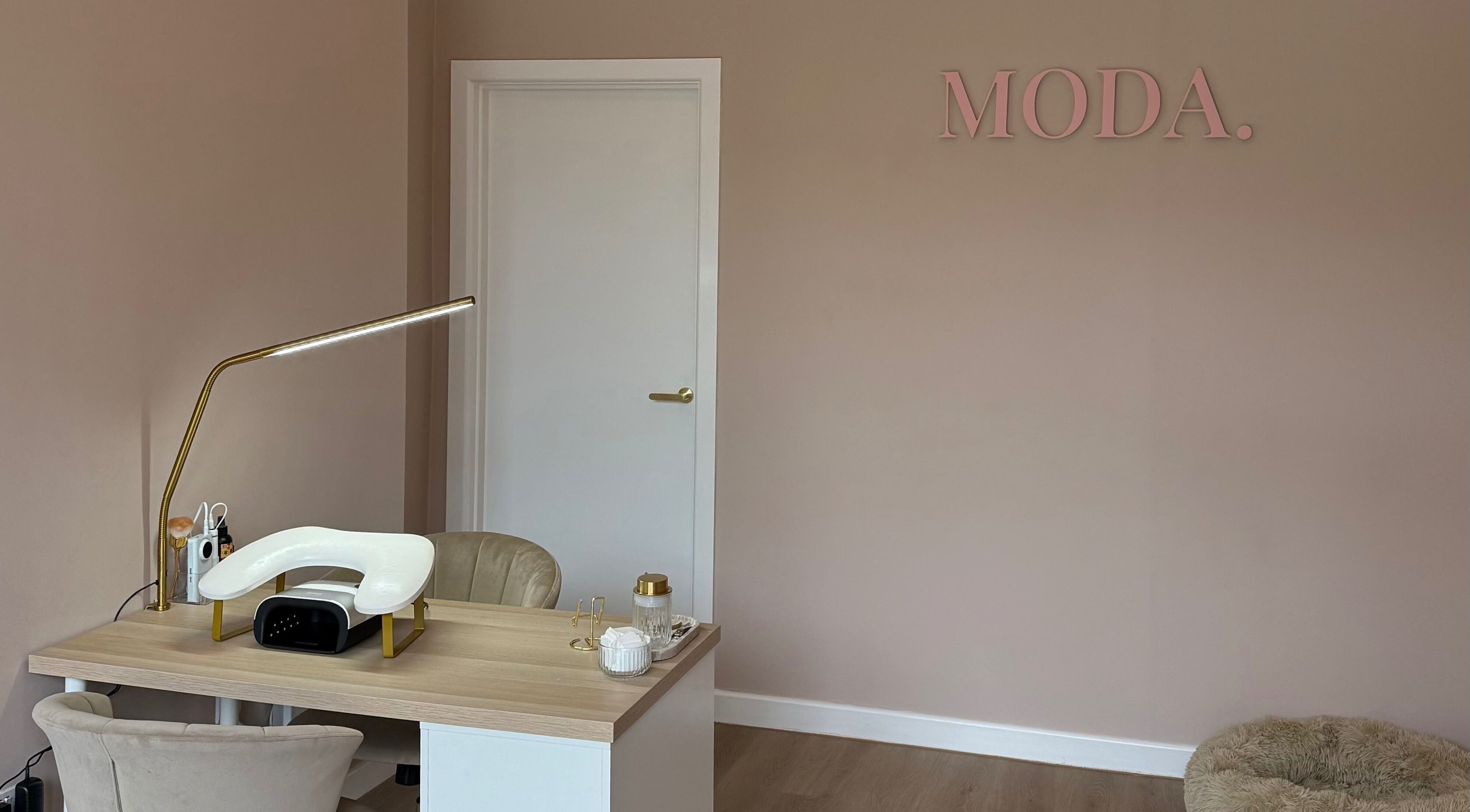 Chic nail salon workspace at Moda, Edinburgh, Scotland, GB with stylish decor and comfortable seating.