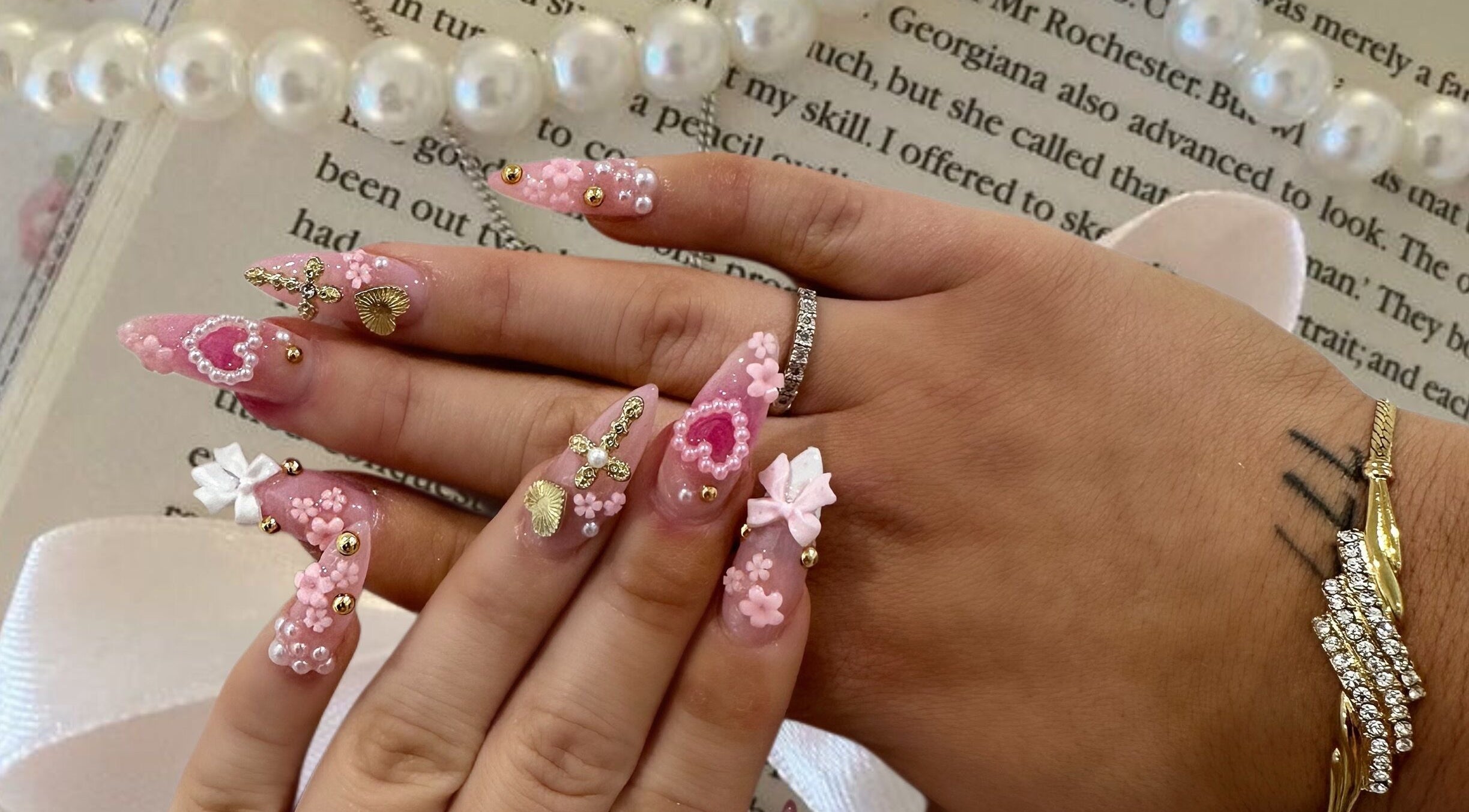 Intricate pink 3D nail designs at Your local nail lady in Warners Bay, New South Wales, AU.