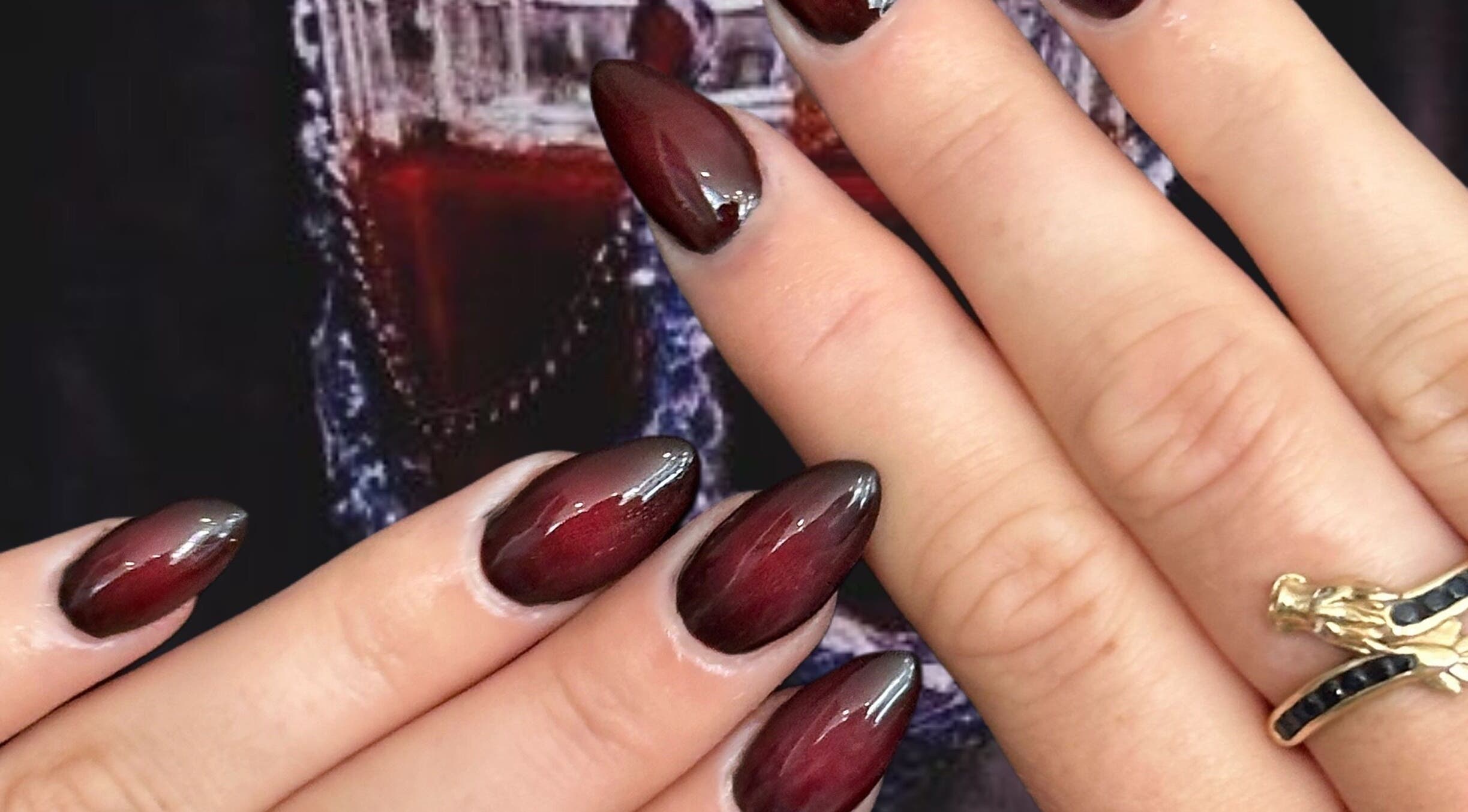 Elegant dark red nails by Your local nail lady in Warners Bay, New South Wales, AU, showcasing glossy manicure.