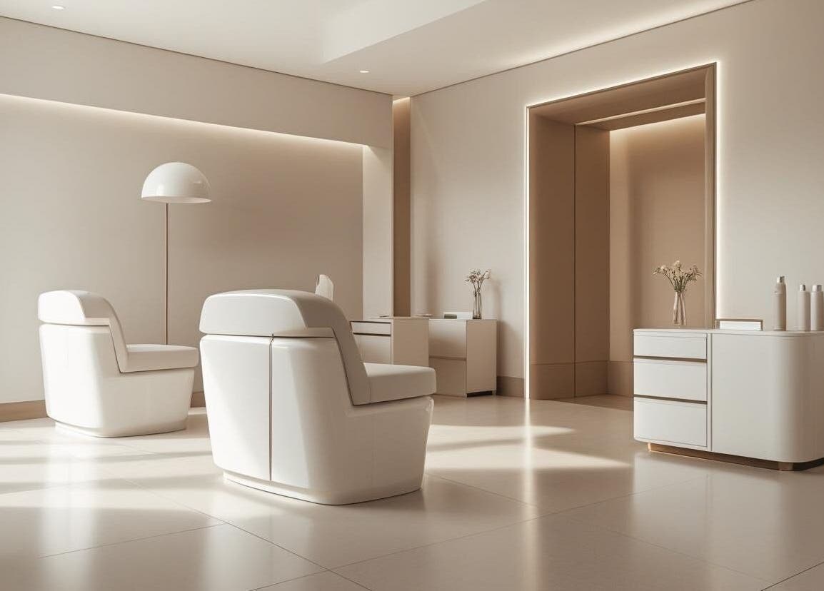 Elegant seating area at Glowology Clinic, Bolton, England, GB, featuring modern white chairs and ambient lighting.
