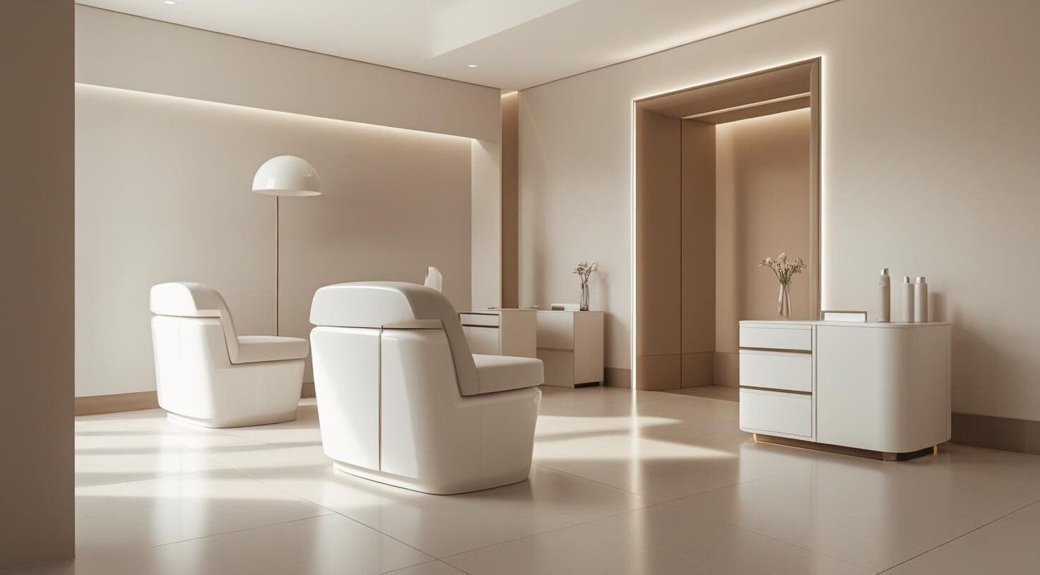 Elegant seating area at Glowology Clinic, Bolton, England, GB, featuring modern white chairs and ambient lighting.