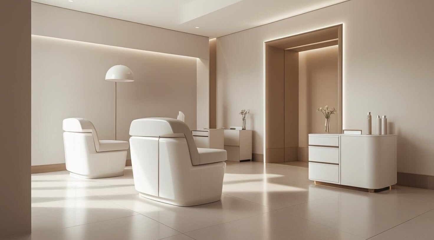 Elegant seating area at Glowology Clinic, Bolton, England, GB, featuring modern white chairs and ambient lighting.