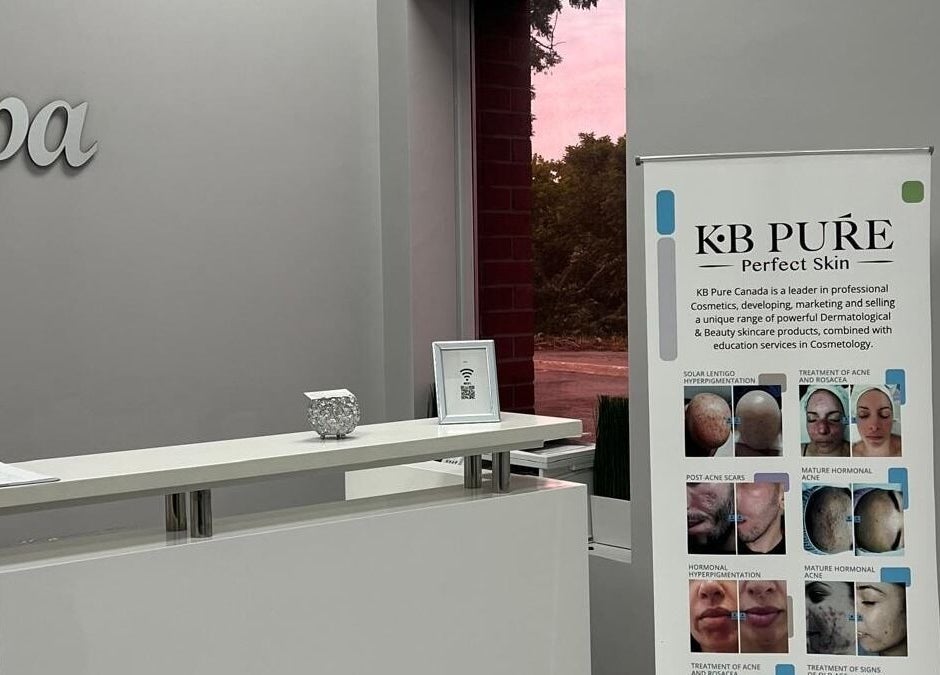 Reception area of Lini's Cosmetics in Vaughan, Ontario, CA with spa signage and skincare display.