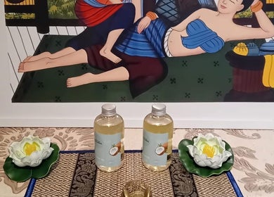 Traditional artwork and oils at Champa Thai Massage, Budapest, Magyar, HU, enhancing a serene spa atmosphere.