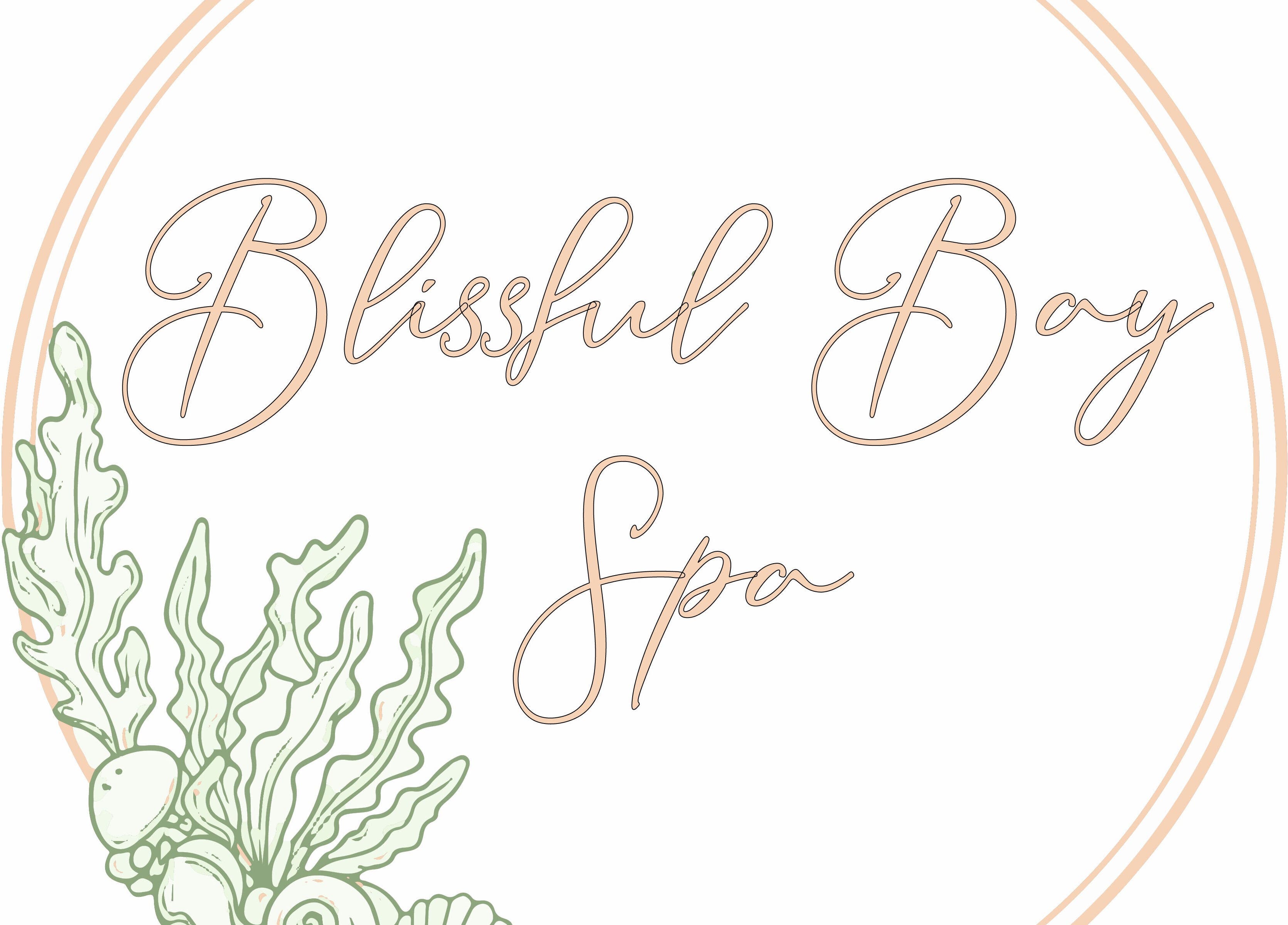 Elegant logo of Blissful Bay Spa in Mahone Bay, Nova Scotia, CA, featuring artistic seaweed accents.