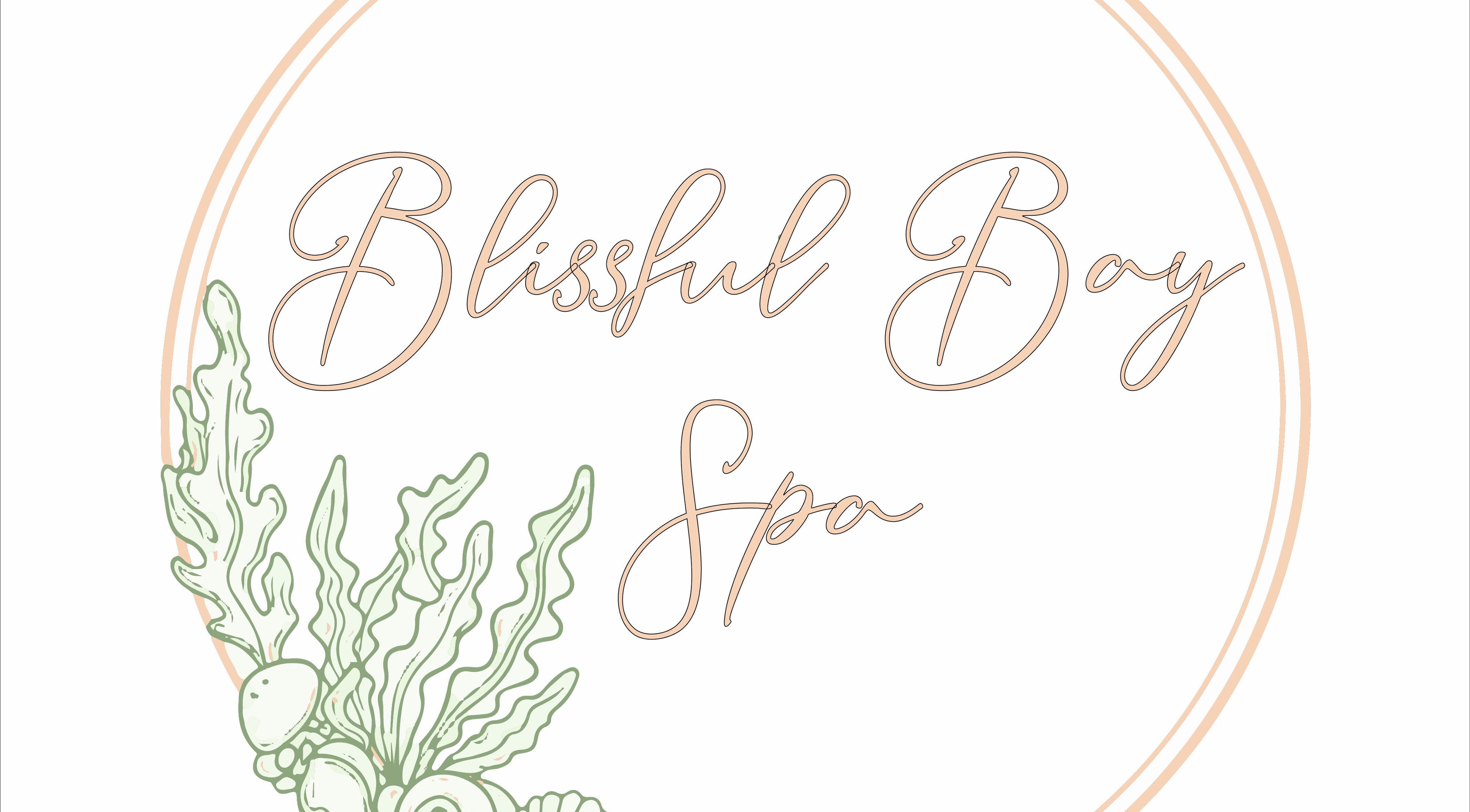 Elegant logo of Blissful Bay Spa in Mahone Bay, Nova Scotia, CA, featuring artistic seaweed accents.