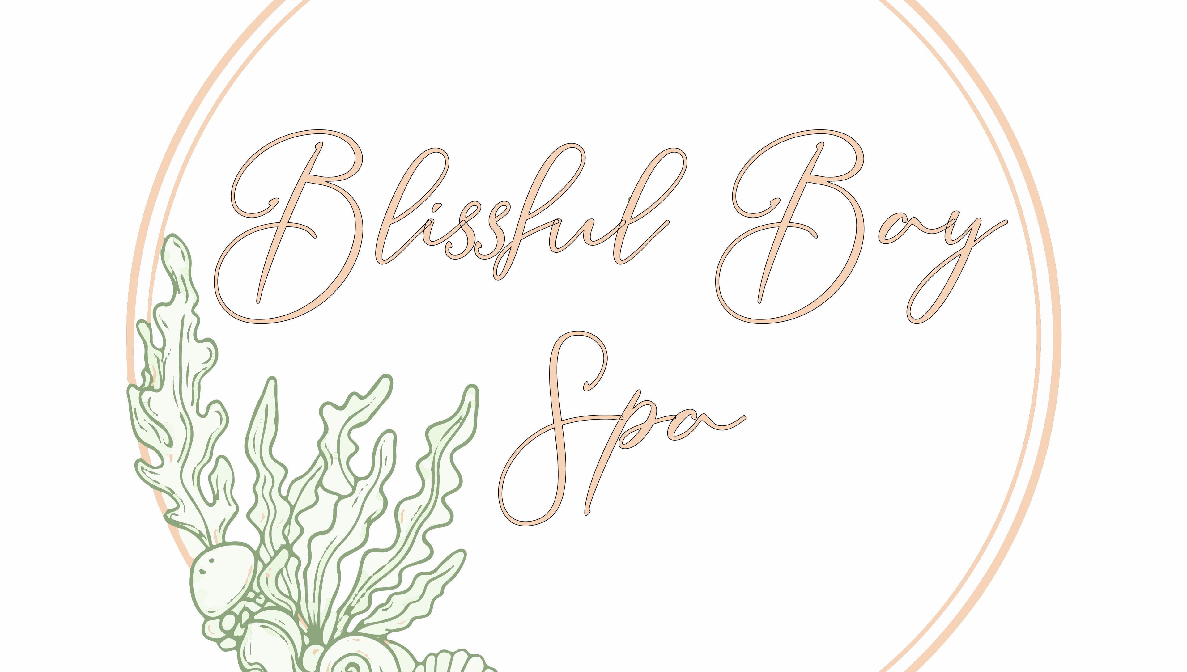 Elegant logo for Blissful Bay Spa with botanical design, Mahone Bay, Nova Scotia, CA.