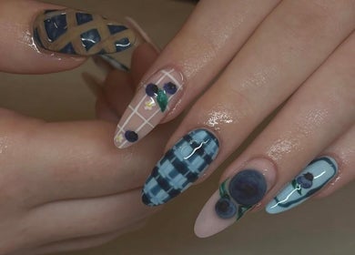 RB BEAUTY THERAPY nail art showcases blue and plaid designs, located in Glasgow, Scotland, GB.