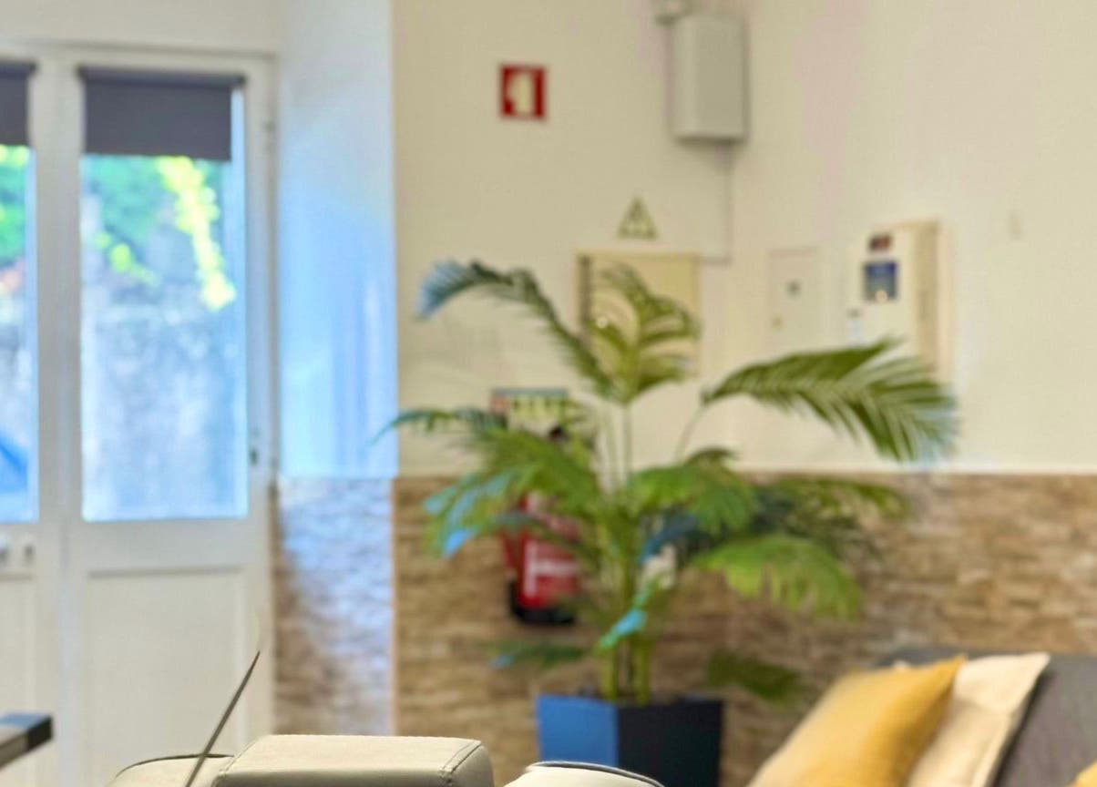 Interior acolhedor da Barbearia Do Leo em Distrito Da Guarda, PT com plantas e almofadas.