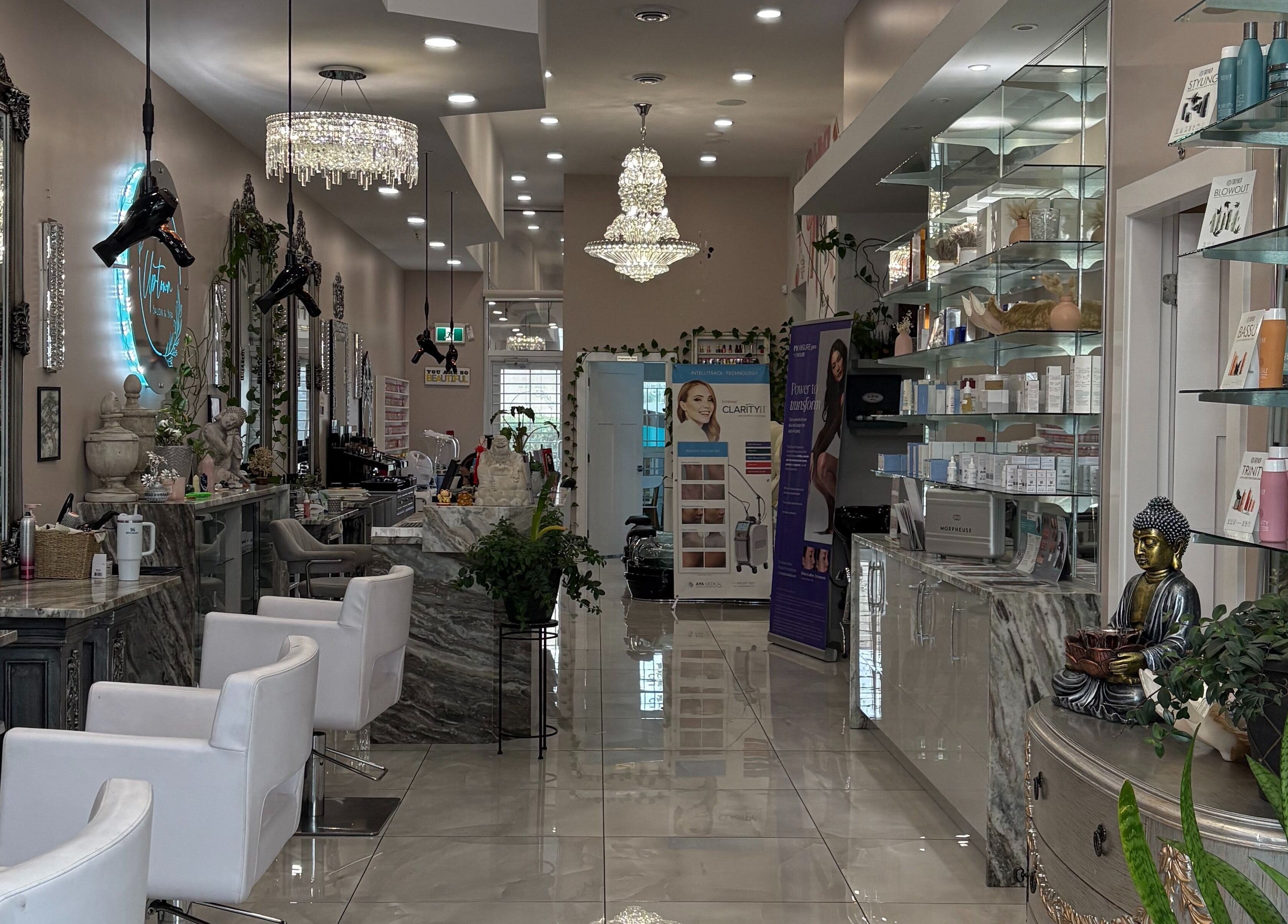 Elegant interior of Uptown Salon and Spa in Surrey, British Columbia, CA with luxurious decor and stylish furnishings.