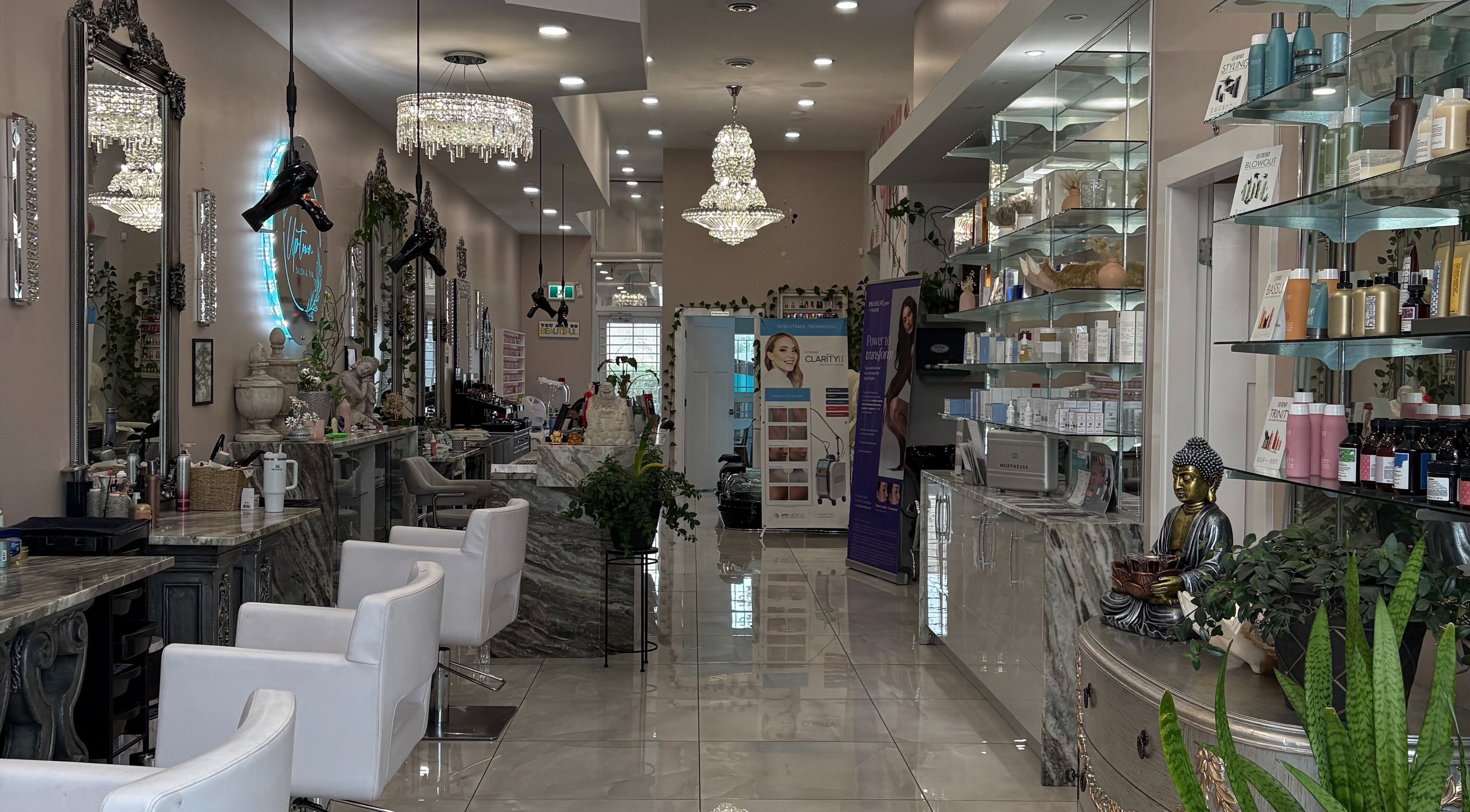 Elegant interior of Uptown Salon and Spa in Surrey, British Columbia, CA with luxurious decor and stylish furnishings.