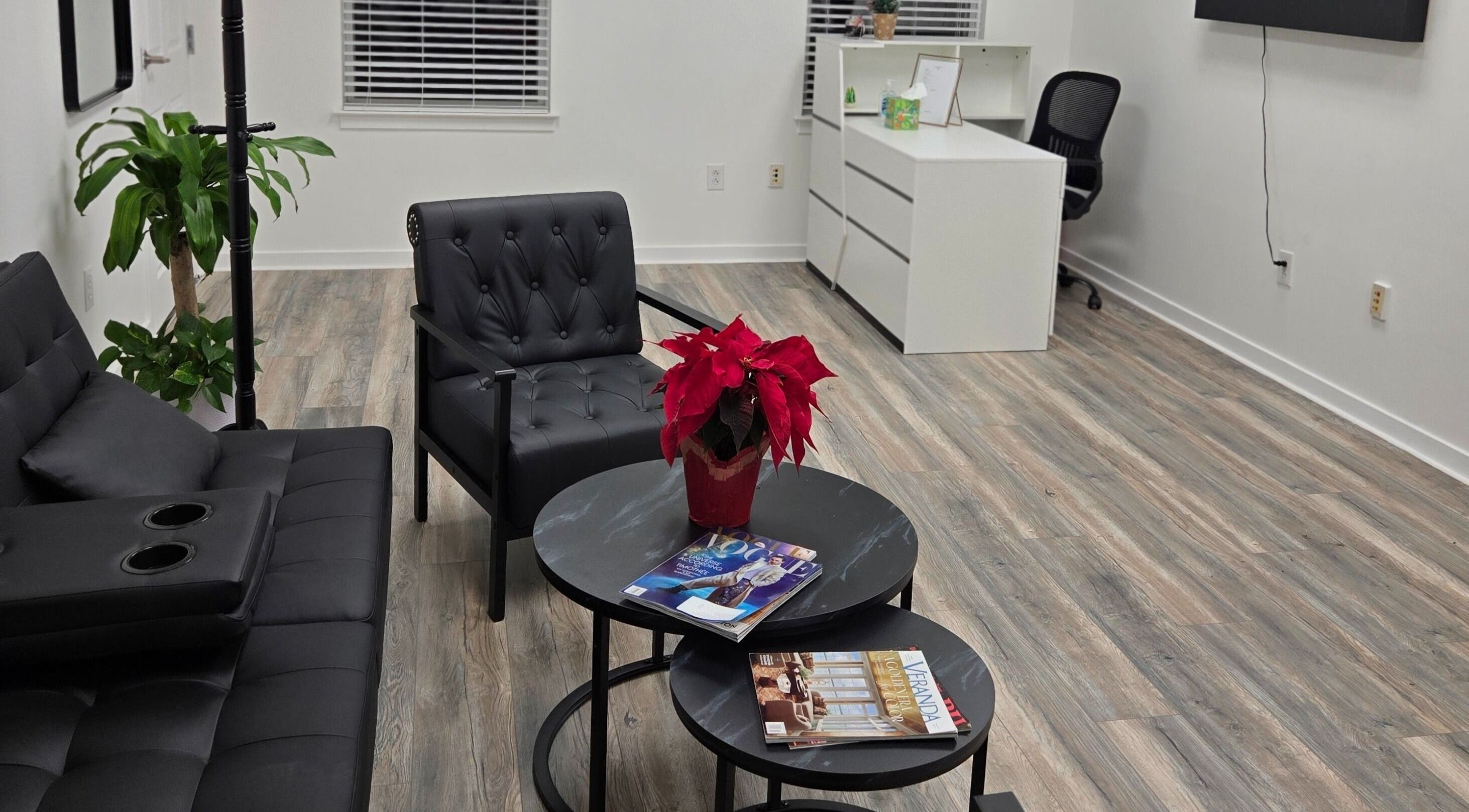 Relaxing seating area at Four Seasons Beauty Salon, Doylestown, Pennsylvania, US with modern decor.