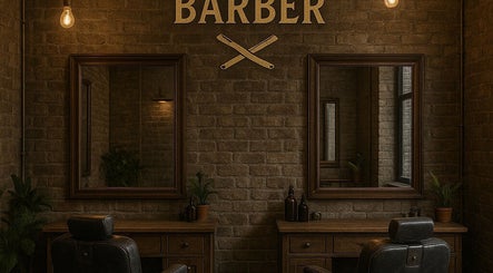 Elegant barber interior at Raw Barber, Yangon, Yangon Region, MM. Rustic design with vintage mirrors and leather chairs.