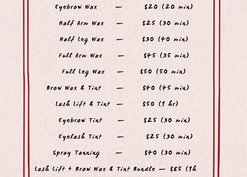 Service menu at Goddess Glow Salon in Melbourne, Victoria, AU detailing waxing and tanning options.