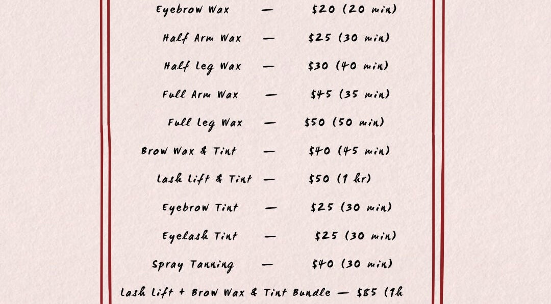 Service menu at Goddess Glow Salon in Melbourne, Victoria, AU detailing waxing and tanning options.