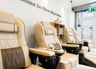 Pedicure chairs at Diva Star Nails in London, England, GB offer a relaxing experience.