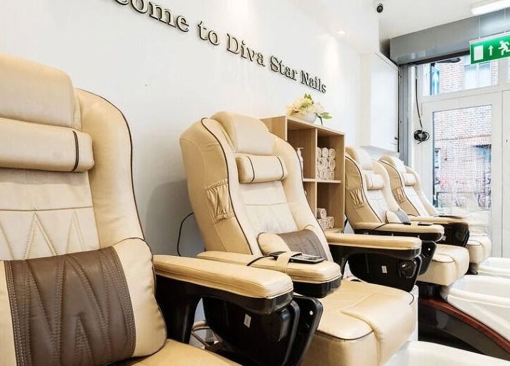Pedicure chairs at Diva Star Nails in London, England, GB offer a relaxing experience.