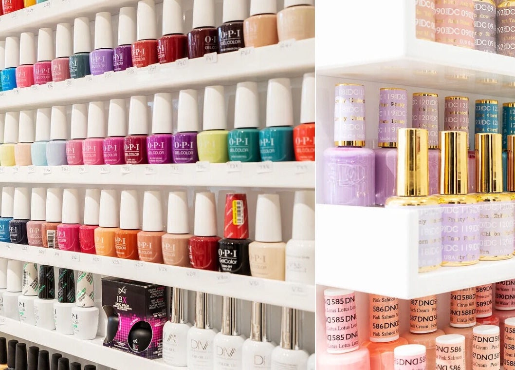 Vibrant nail polish selection at Diva Star Nails, London, England, GB showcasing diverse colors and brands.
