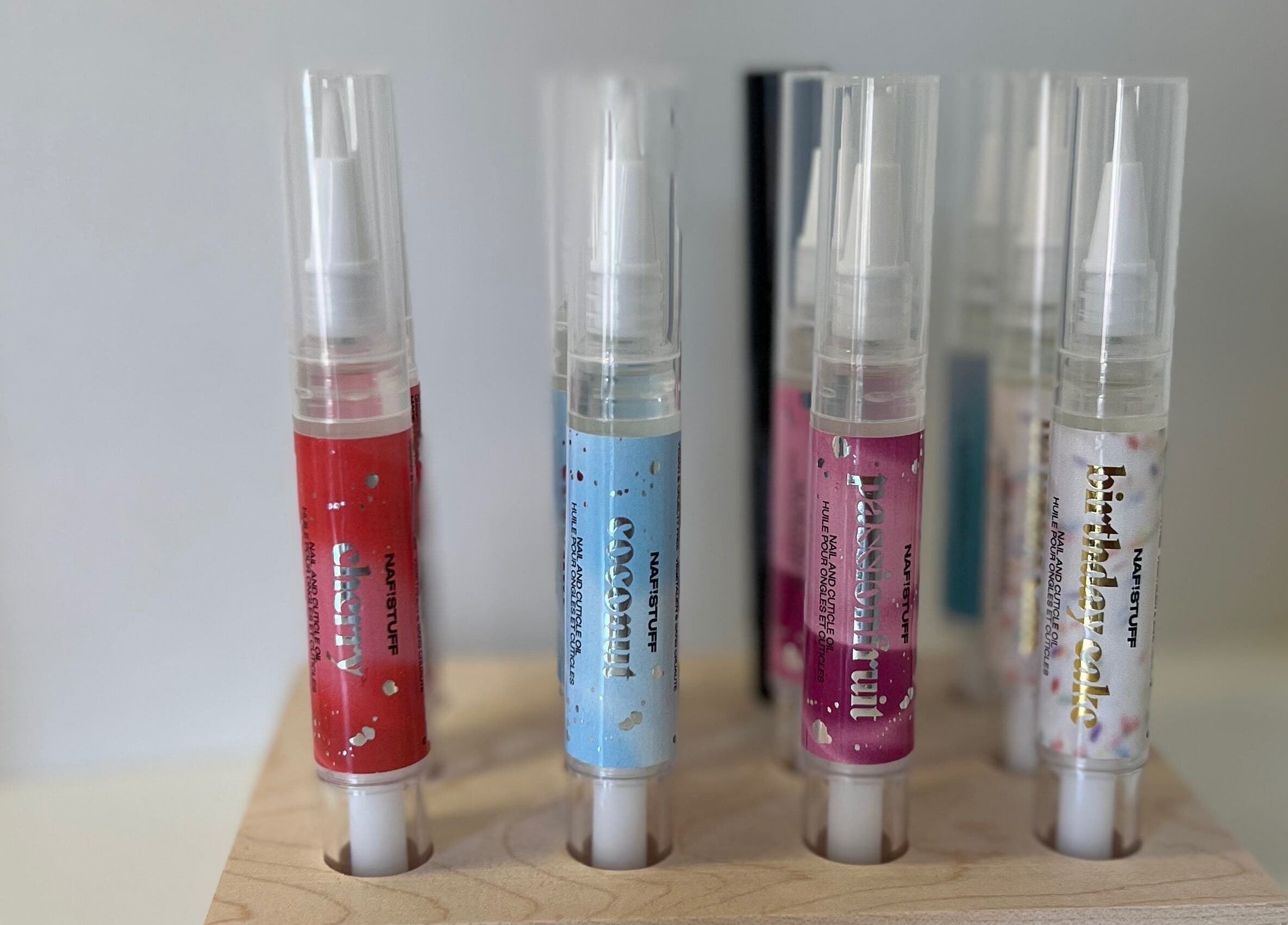 Vibrant nail pens display at Rosie’s Retreat in Barton-under-needwood, England, GB for creative nail art.