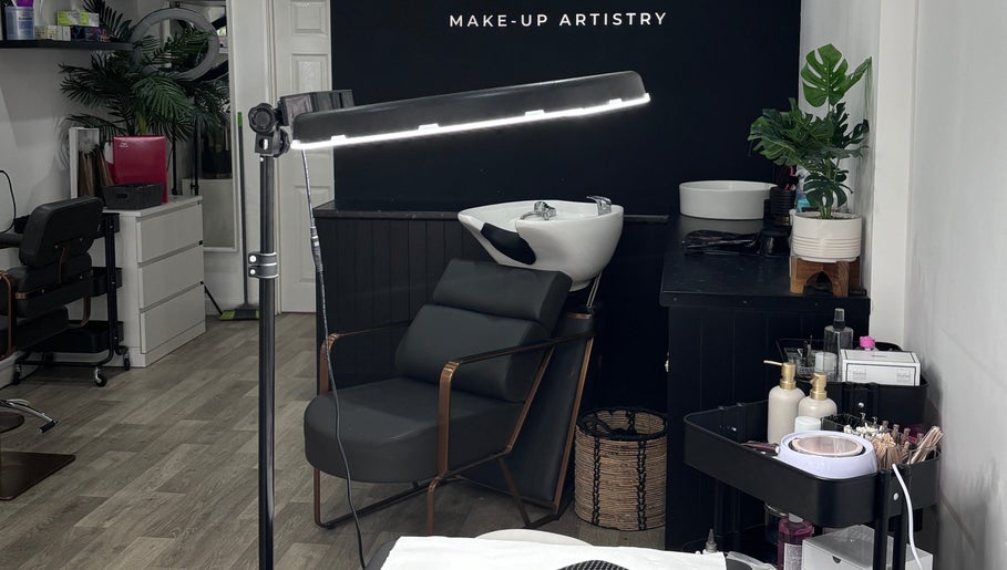 Modern salon interior at Molly Freya Beauty in Royal Leamington Spa, England, GB with makeup and hair stations.