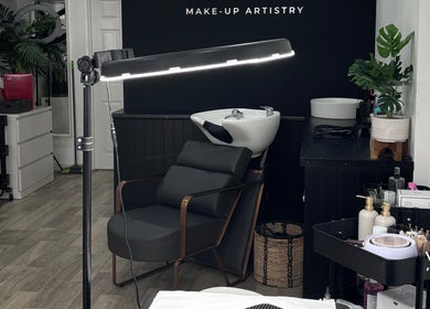 Modern salon interior at Molly Freya Beauty in Royal Leamington Spa, England, GB with makeup and hair stations.