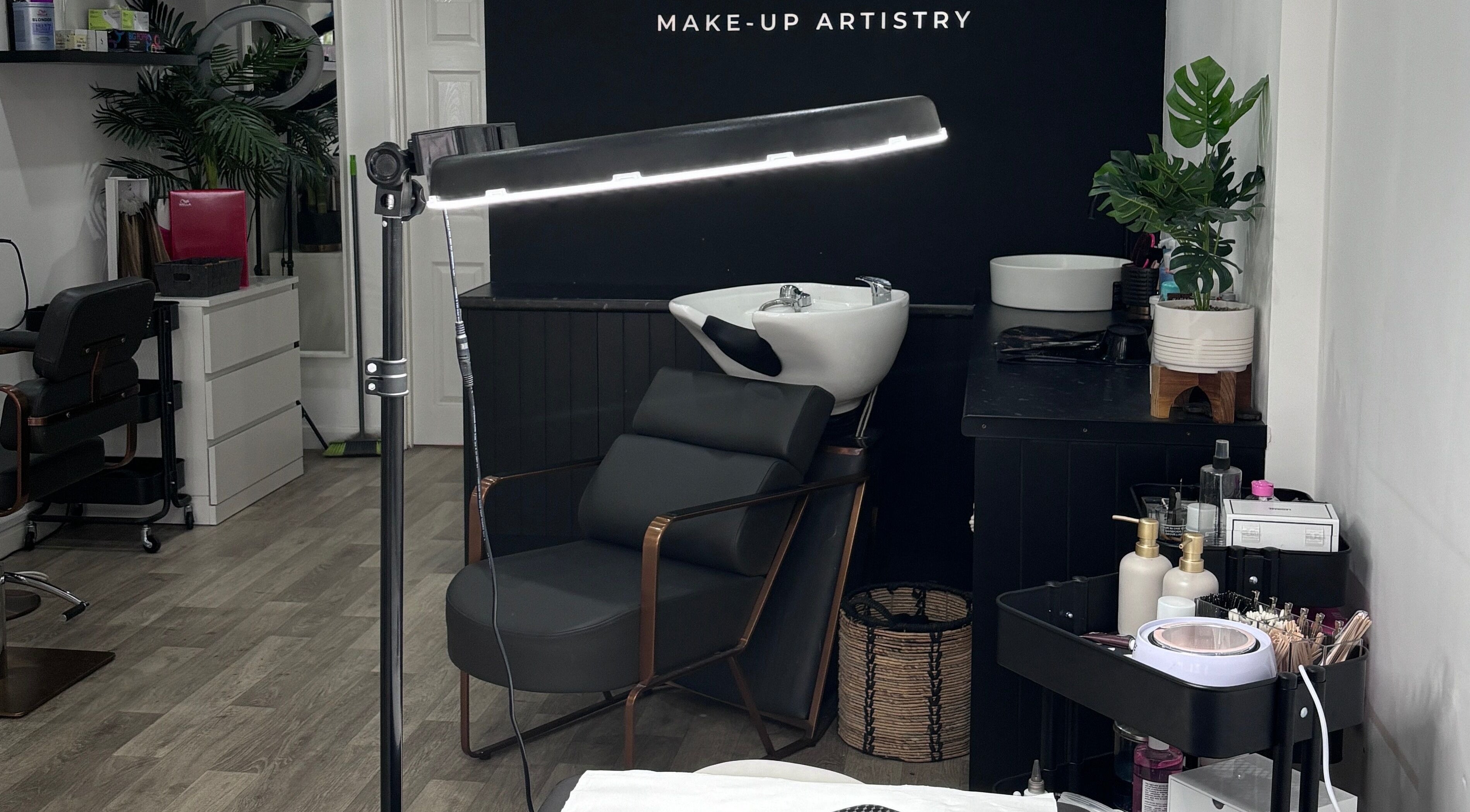 Chic interior of Molly Freya Beauty salon in Royal Leamington Spa, England, GB, featuring a stylish makeup station.