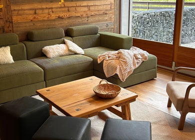 Espace salon confortable à Alpine Active Lodge, Nendaz, Valais, CH avec canapé vert et table en bois.