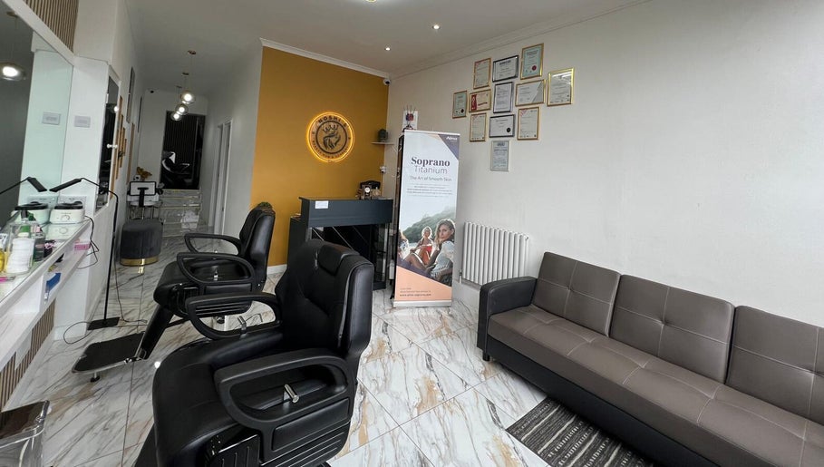 Modern interior of Noshi’s Beauty Hub & Academy in London, England, GB with stylish chairs and decor.