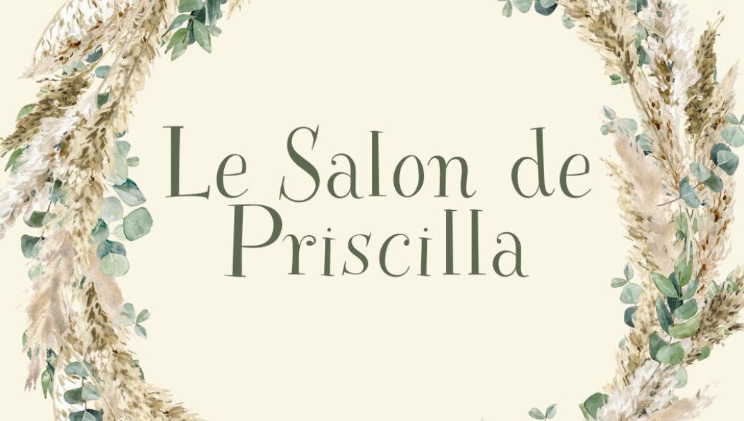 Logo raffiné de Le Salon De Priscilla à Malataverne, Auvergne-rhône-alpes, FR, entouré de feuillage artistique.