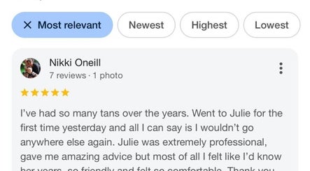 Five-star review for Pure Glow Spray Tanning in Worsley, England, GB highlighting excellent customer experience.
