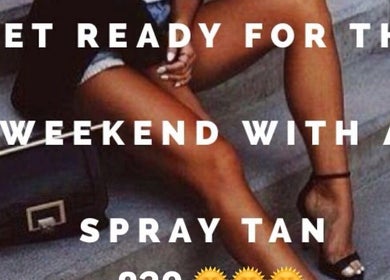Woman with tanned legs sitting on steps promoting spray tan at Pure Glow Spray Tanning, Worsley, England, GB.