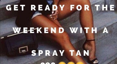 Woman with tanned legs sitting on steps promoting spray tan at Pure Glow Spray Tanning, Worsley, England, GB.