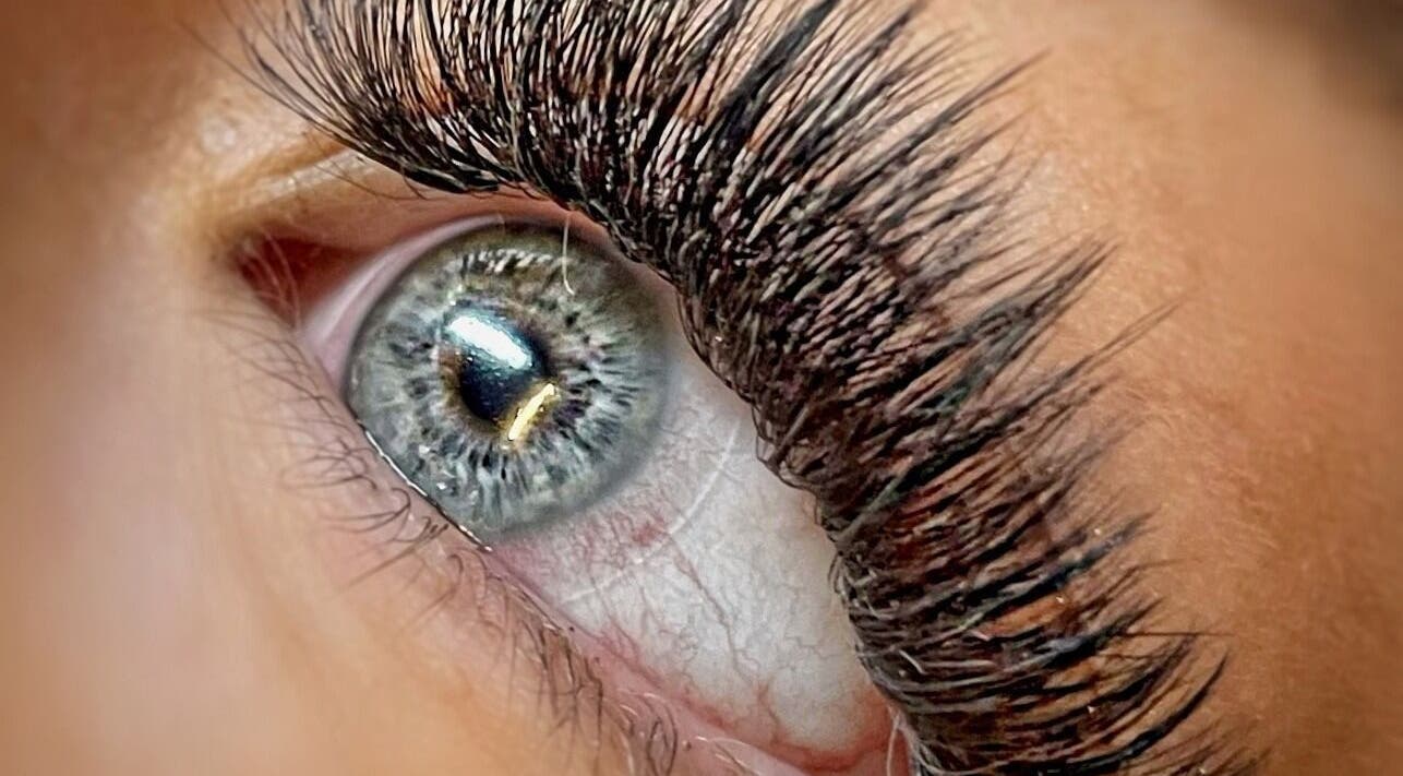 Close-up of eyelash extensions at Winkology Lash Lab in Sugar Hill, Georgia, US, showcasing detailed lash artistry.