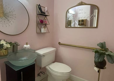Elegant restroom at Exlat skin care suites, Hialeah, Florida, US with modern decor and stylish accents.