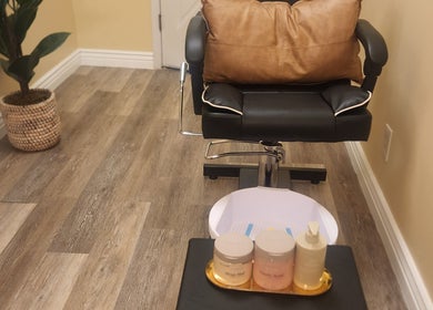 Comfortable pedicure chair with spa products at Netty's Nail Studio, Pocatello, Idaho, US.