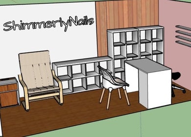 Interieur van ShimmerlyNails in Stadskanaal, Groningen, NL met moderne stoelen en opbergrekken.