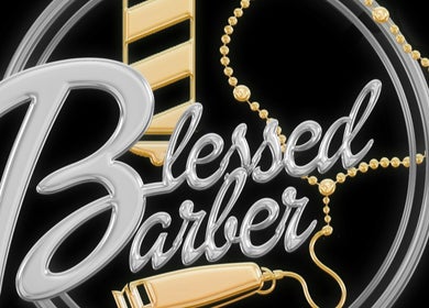 Logo de Blessed Barber en General Pico, La Pampa, AR, con detalles dorados y plateados sobre fondo negro.