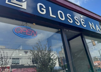 Front view of Glossé Nails with open sign in Vancouver, British Columbia, CA.