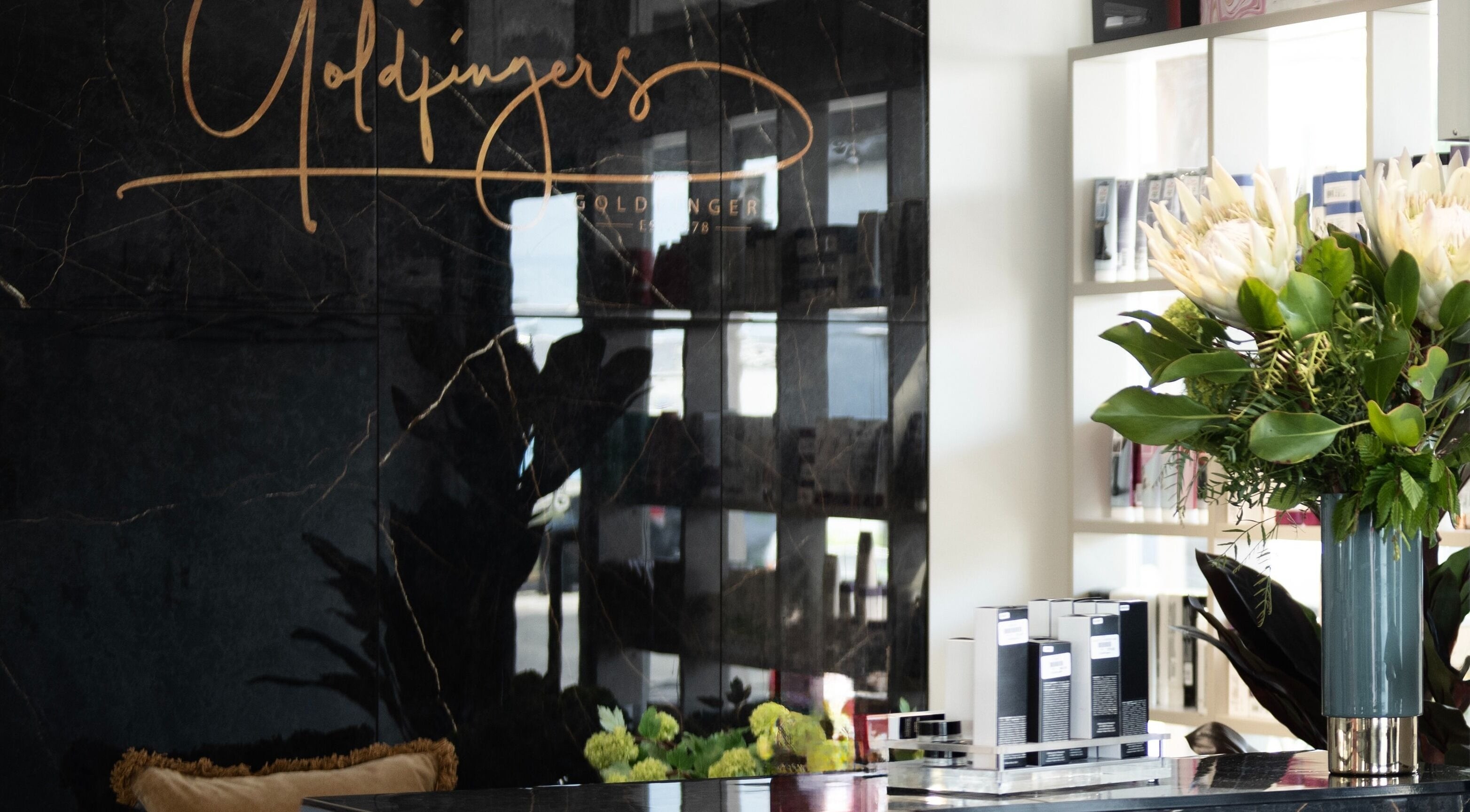 Luxurious reception area at Goldfingers Hair & Day Spa in Timaru, Canterbury Region, NZ.