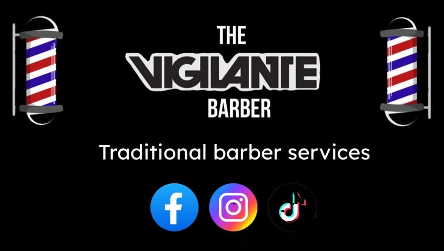 The Vigilante Barber logo with a traditional barber pole. Located in Erakala, Queensland, AU.