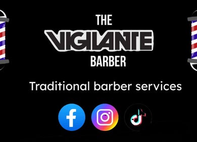 The Vigilante Barber logo with a traditional barber pole. Located in Erakala, Queensland, AU.