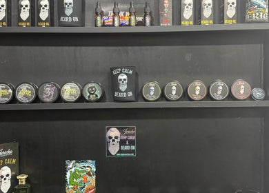 Beard care products displayed at The Vigilante Barber, Erakala, Queensland, AU.