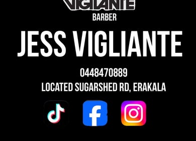 Contact info for The Vigilante Barber at Sugarshed Rd, Erakala, Queensland, showcasing social media icons.