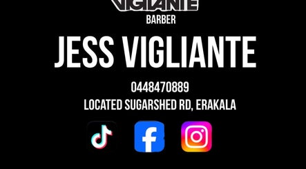 Contact info for The Vigilante Barber at Sugarshed Rd, Erakala, Queensland, showcasing social media icons.