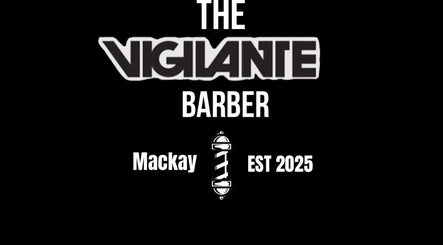 Logo of The Vigilante Barber, Erakala, Queensland, featuring barber pole and bold text.